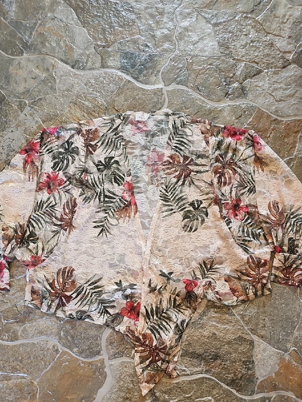Floral Lace Kimono Cardigan - Lightweight Cream with Pink & Green Print